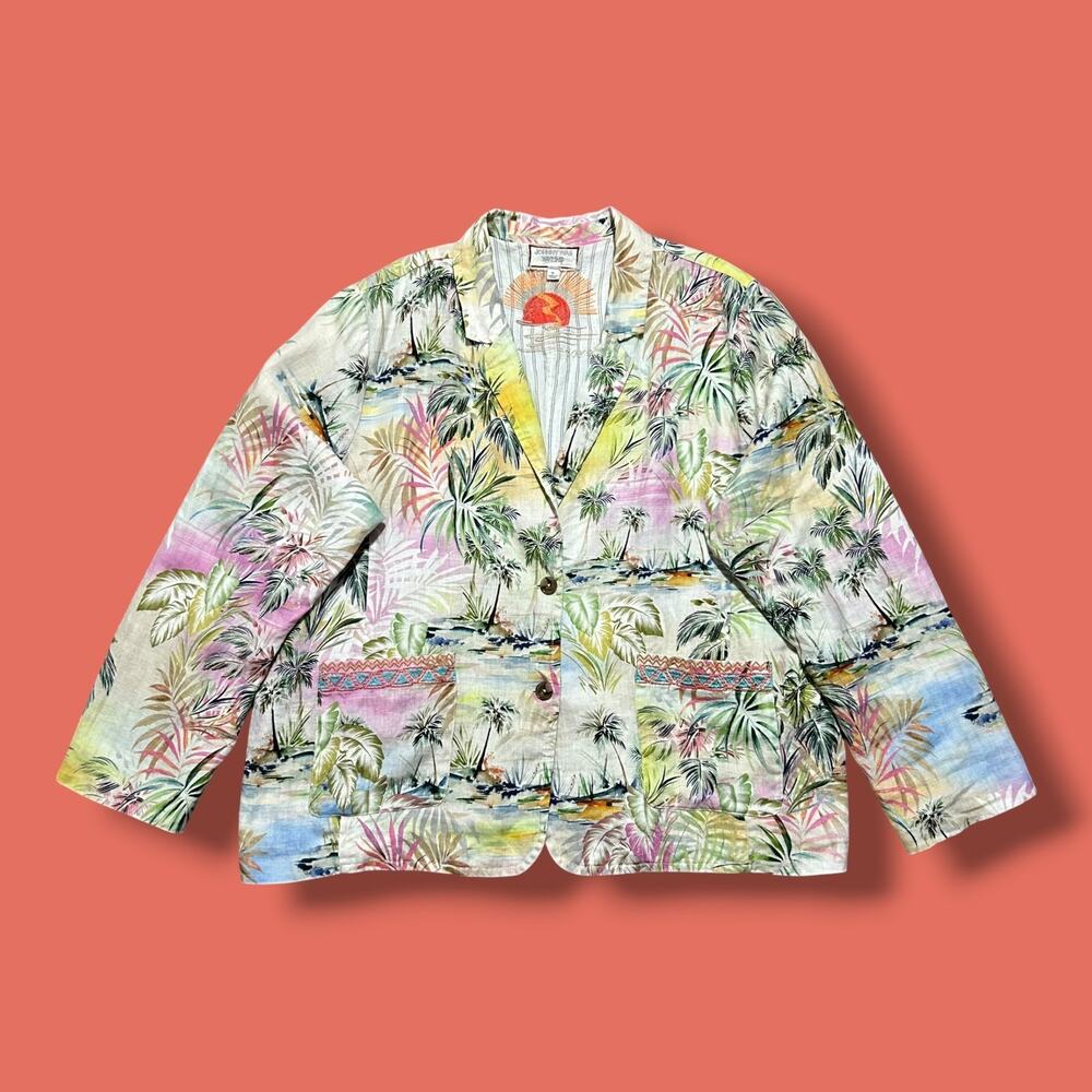 Johnny Was Blazer Womens XL Linen Tropical Beach Palm Tree Boho Hawaiian Jacket